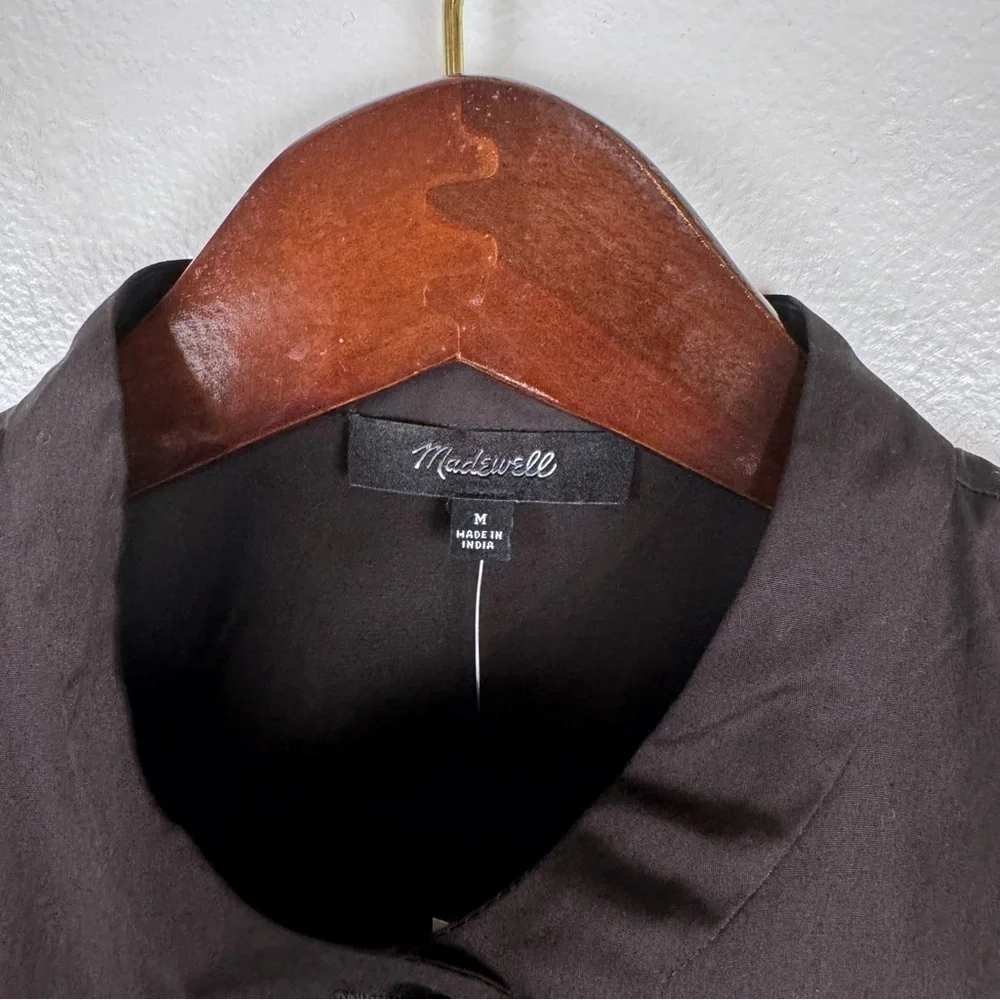Madewell Button Up Band Collar Pleated Puff Sleeve Shirt Brown Size M NWT